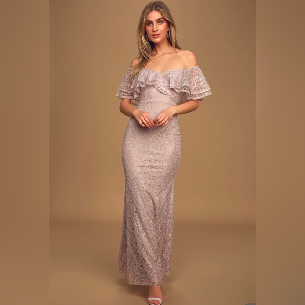 NWT Lulu’s Feeling Amorous Lilac Lace Off-The-Shoulder Maxi Dress